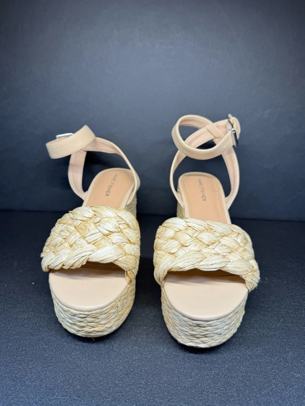 Marc Fisher Mesteel Raffia Platform Block Heel Sandals Beige Natural Size 7.5M